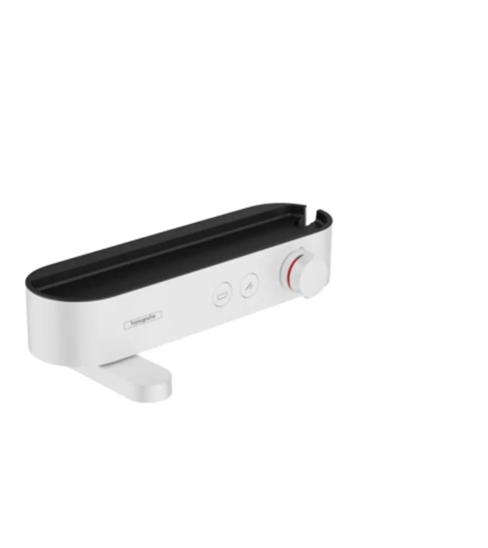Weißes Wandthermostat von Hansgrohe mit bedruckten Tasten und einem Drehregler zur Temperaturregelung, in schmalem, modernem Design.